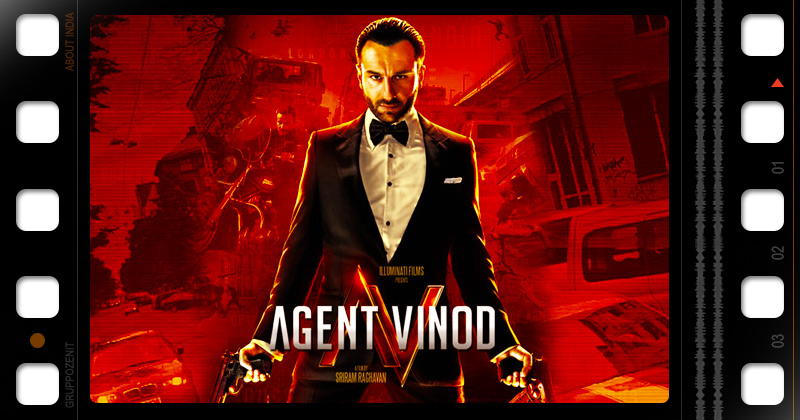 manifesto del film bollywood Agent Vinod, con il protagonista armato su sfondo rosso sangue
