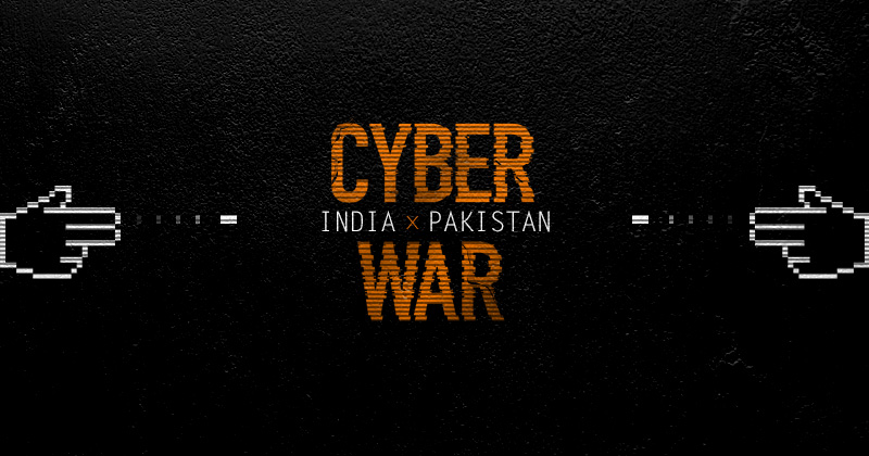 illustrazione: su sfondo nero la scritta Cyber War India Pakistan