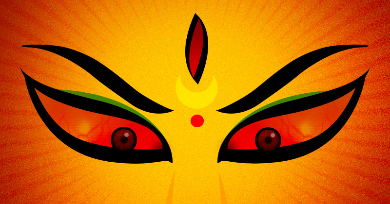 illustrazione: su sfondo arancione due occhi adirati di una divinità femminile