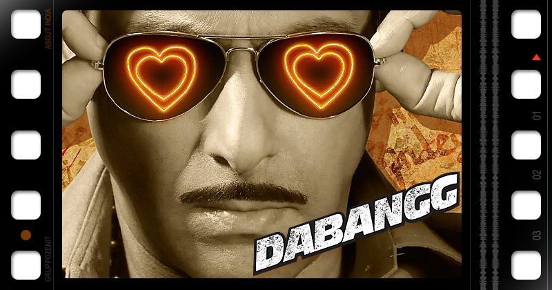 manifesto del film Dabangg con primo piano di attore con occhiali su cui si riflettono due cuori luminosi