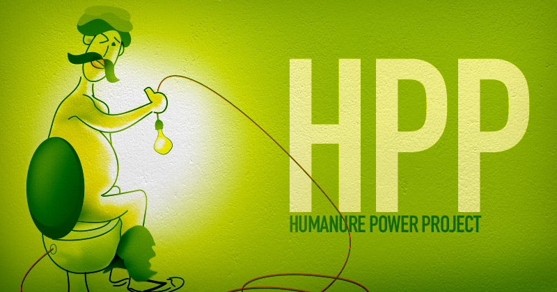 Illustrazione di HHP: un indiano siede nudo su un water con una lampadina accesa collegata alla base del water