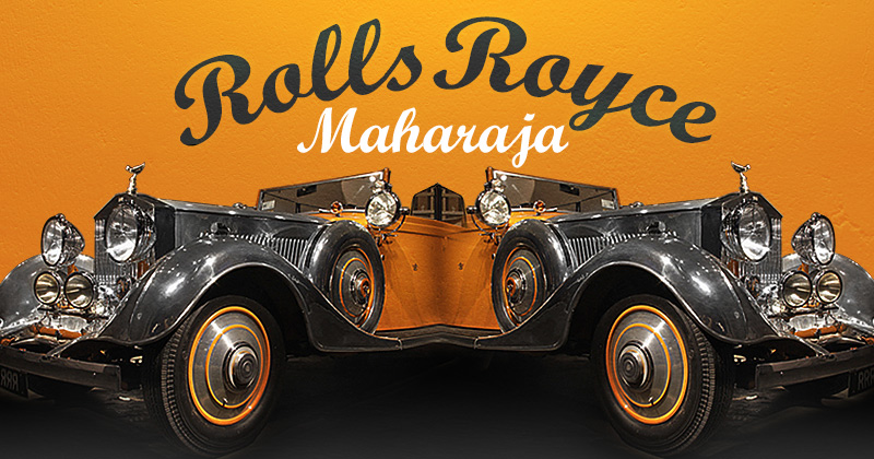 una rolls royce d'epoca con immagine speculare, su sfondo giallo e la scritta Rolls Royce Maharaja
