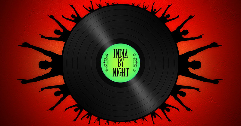 un disco vinile con la scritta India by night da cui escono silouette di persone in festa su sfondo rosso
