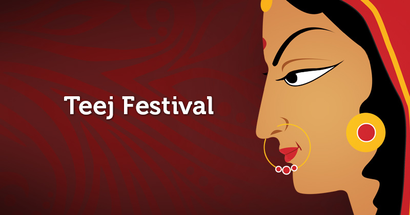 Illustrazione del Teej Festival: su sfondo bordò a sinistra il profilo di una donna rajasthana
