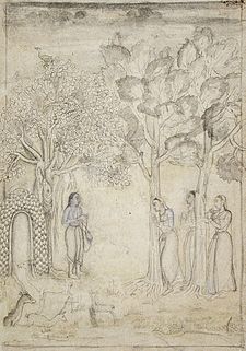 La visita delle donne a Rishyashringa presso il suo eremo - Northern India, 1650-1675 Drawings Ink and opaque watercolor on paper Gift of Paul F. Walter