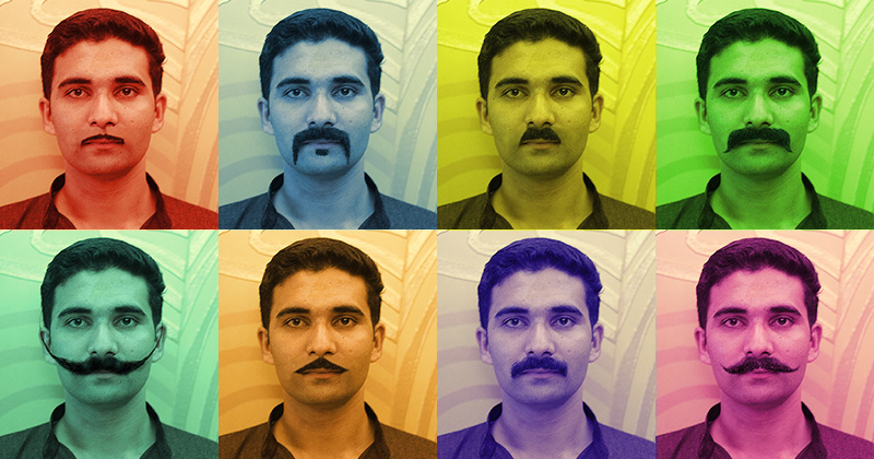 Giovane indiano con otto diversi stili di baffi