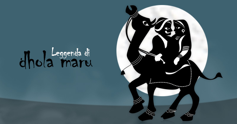 Illustrazione della storia di Dhola e Maru, due sagome nere in groppa a un cammello