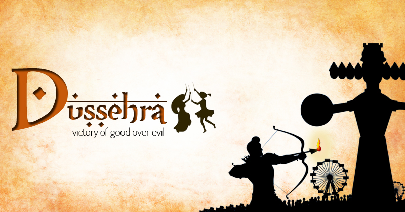 Illustrazione con siluette di Rama che scocca una freccia contro l'effige di Ravana. il testo dice: Dusshera, victory of good over evil