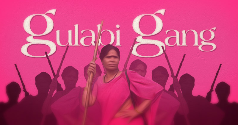 gulabi gang: una donna indiana armata di bastone con sue ombre alle spalle, su sfondo rosa