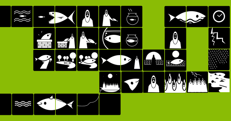 Mito del diluvio universale raccontato in tasselli quadrati neri con disegni in bianco su sfondo verde
