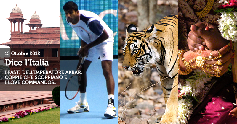 Collage di foto: Fatehpur Sikri, tennista indiano, tigre, stretta di mano tra neo sposi indiani