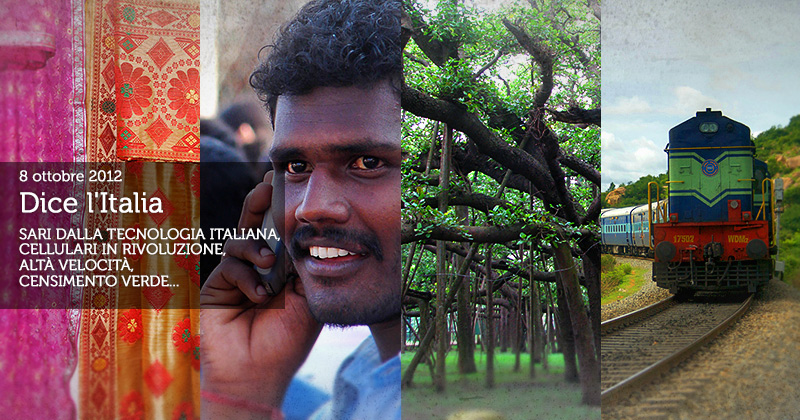 Collage di foto con il titolo Dice l'italia: Tessuti colorati, un indiano al cellulare, un grosso albero e un treno