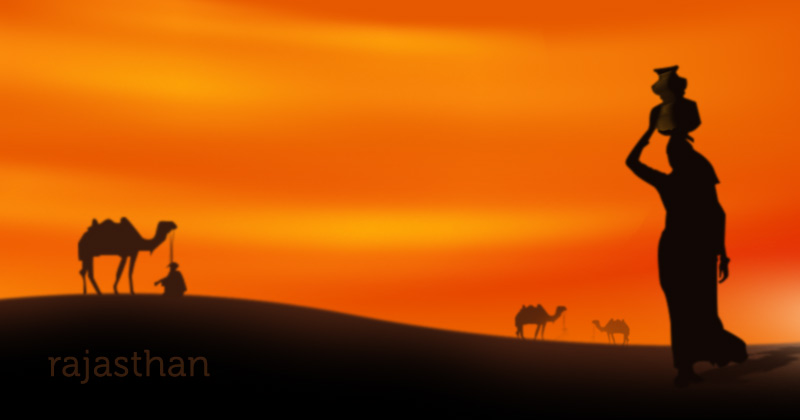 sagome di donne, uomini e cammelli sulle dune al tramonto